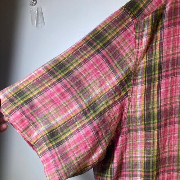 Mens Joseph Abboud Linen Short Sleeve Plaid Button Shirt Pink Green 2XL - Picture 3 of 6